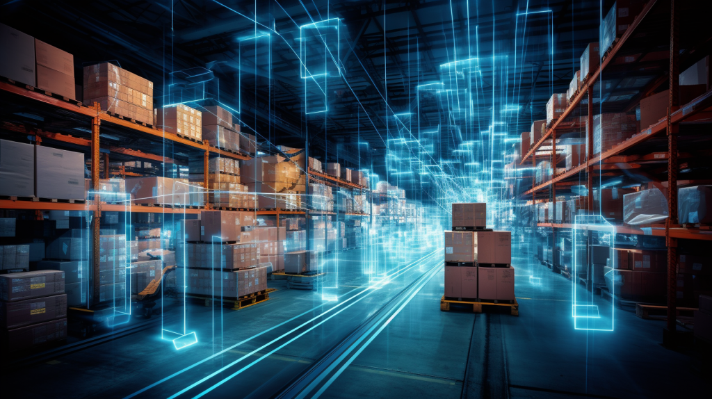 Moderne Logistik mit AI-Optimierung und holographischen Datenvisualisierungen im Warehouse